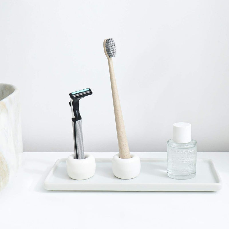 HalfofLife Mini Ceramics Toothbrush Holder Stand for Bathroom Vanity Countertop, Handmade Couple Toothbrush Head Holder, Shaver Holder and Office Pen Holder, 2-Piece Set White - Image 3